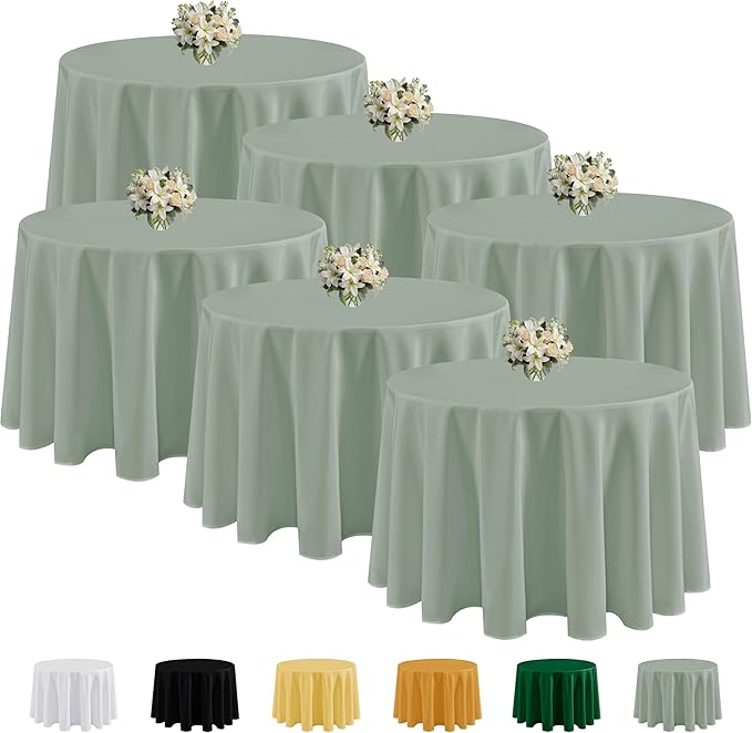 Fitable 6 Pack Sage Green Round Tablecloths - 120 Inches Round - Wrinkle and Stain Resistant Fabric Table Clothes, Washable Polyester Table Covers for Wedding, Party, Banquet, Formal Events