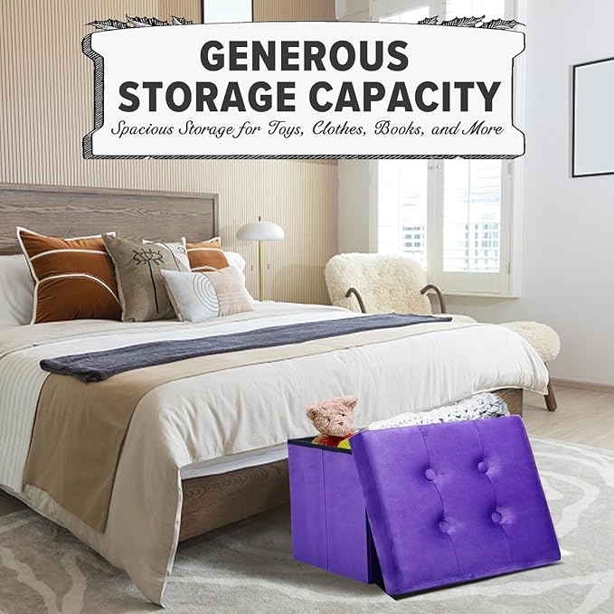 LINMAGCO Storage Ottoman Folding Foot Stool Foot Rest with Side Pocket Modern Ottoman with Storage Short Sofa Stool Velvet 17x13x13(Purple)