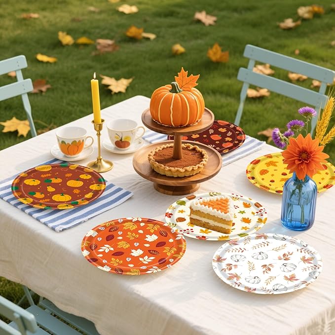 48 PCS Fall Paper Plates 7 inch, Leaves Pumpkin Thanksgiving Party Plates Disposable Cake Dessert Plate for Autumn Theme Party Decorations (Fall)