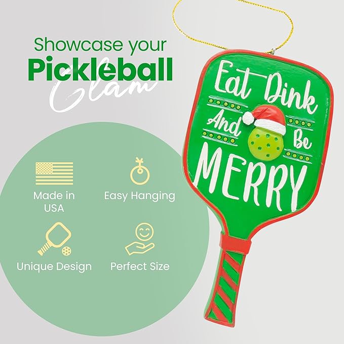 Eat Dink and Be Merry Pickleball Paddle Christmas Ornament, a US Family-Owned Business - Sportybella Pickleball Gifts Christmas Tree Decorations, Sports Enthusiast Pickleball Paddles Decor