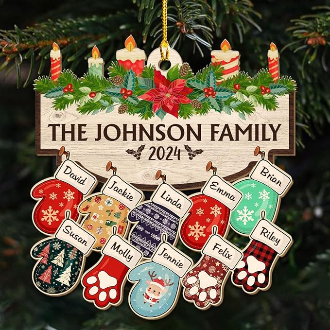 Family with Pet Ver 2 - Personalized Custom Wood Ornament, Family Gloves Christmas Ornament 2024, Xmas Ornament Gifts for Family Tree Decoration (A06, 7 Names)