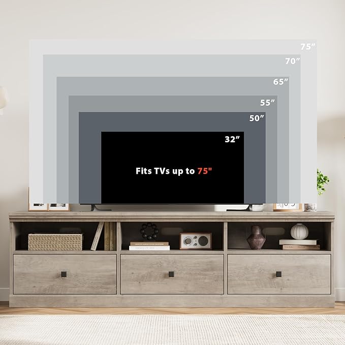 IDEALHOUSE 70in TV Stand for TVs up to 80", Mid Century Modern Entertainment Center with Storage Drawer and Open Shelves, TV Console Media Cabinet for Living Room, Bedroom, Rustic Gray