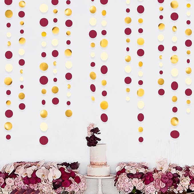 46 Ft Maroon Gold Party Decorations Burgundy Gold Beige Polka Dot Garland Hanging Paper Circle Dots Streamer for Maroon Garnet Graduation Birthday Anniversary Wedding Bridal Shower Party Supplies