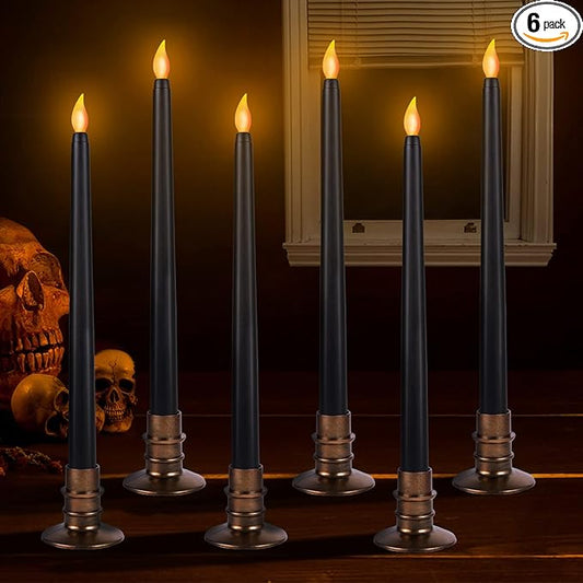 Alphatool 6 Packs Halloween Black LED Flameless Candles with Bases - Flicker Flame, Tall Taper Smokeless Dripless Candles, Decor for Fireplace Diningtable Bar School