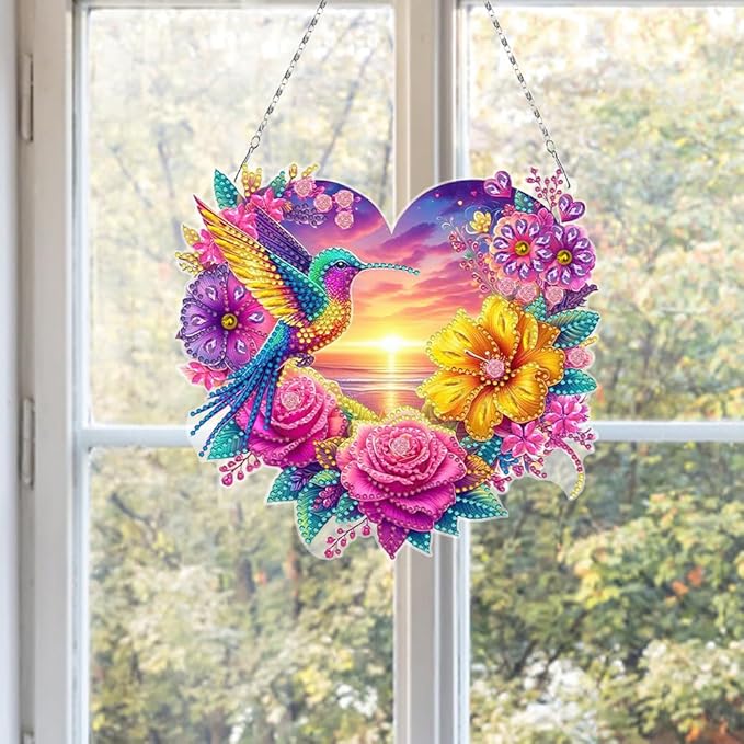 Flowers Hummingbird Diamond Art Kits,5D Diamond Hanging Ornament Kits,DIY Special Shaped Diamond Dot Kits,Home Porch Crystal Hanging Pendant Ornament (Colorful2)