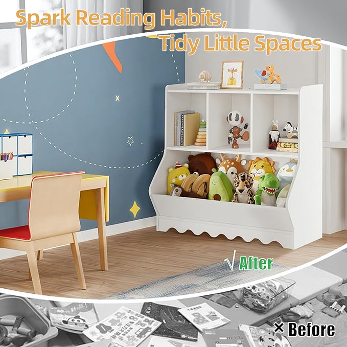 Wood Kid Storage Cubby, Toy Storage Organizer with Bookshelf, 32"L x 15"D x 31"H Montessori Toy Shelf, Nursery Book Shelves, Wooden 4-Cubby Children Book Shelf for Playroom Classroom, White