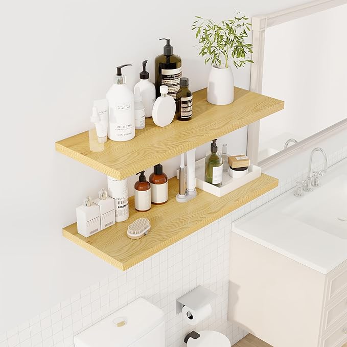 36" Floating Shelves for Wall, 12" Deep Slim Oak Floating Shelves, Wall-Mounted Shelves for Bedroom, Living Room, Kitchen, Bathroom - Set of 2