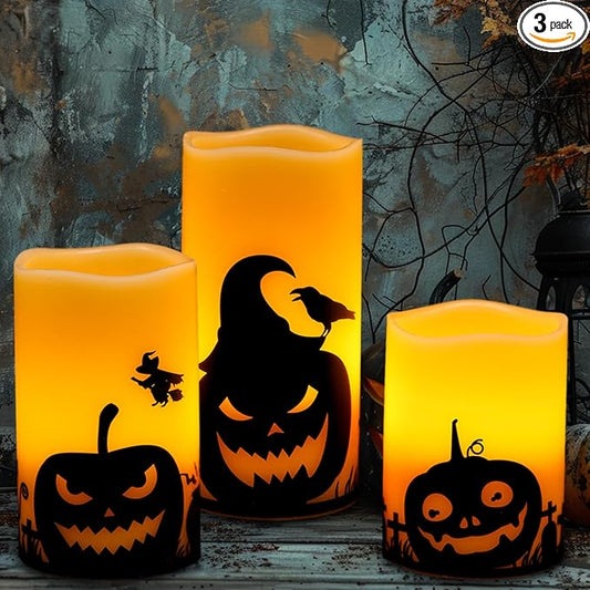 GenSwin Halloween Pumpin Flameless Candles, LED Battery Operated Pillar Pumpkin Candles with 6H Timer, 3 Pack LED Flickering Candles for Fall Spooky Halloween Decoration(D3 xH4 5" 6")