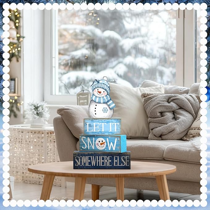 4 Pcs Snowman Christmas Table Decorations Winter Tiered Tray Decor Christmas Centerpiece Rustic Blue and White Decorative Snowman Block Sign Gift for Winter Wonderland Party Home Kitchen