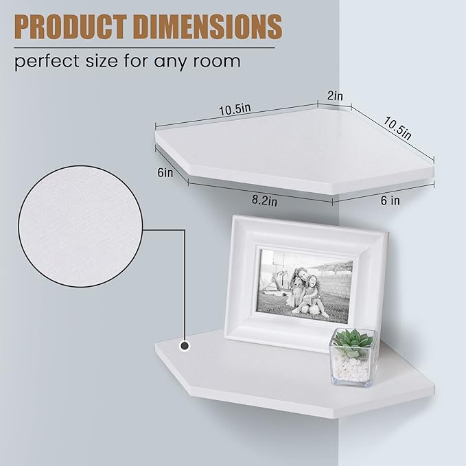 Corner Shelf Wall Mount, Floating Corner Shelves, Set of 2 Corner Wall Shelf Organizer, Rustic Wood Wall Storage Display Shelves for Living Room Bedroom Bathroom Kitchen, Rustic White