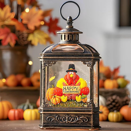 Fall Snow Globe Lantern -Thanksgiving Turkey with Pumpkins Spinning Water Lantern with Swirling Glitter Fall Decorations for Home, Thanksgiving, Autumn Harvest Fall Decor