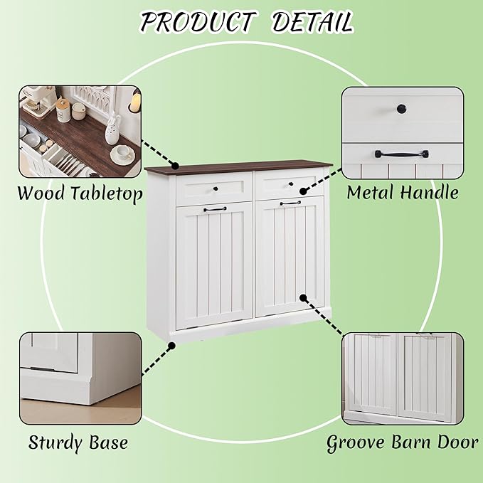 Double Tilt Out Laundry Hamper Cabinet, 20 Gallon Farmhouse Trash Can Cabinet with Drawer, Hidden Wood Garbage Can Bin Cabinets with Laundry Storage Basket for Bathroom, Kitchen (Antique White)