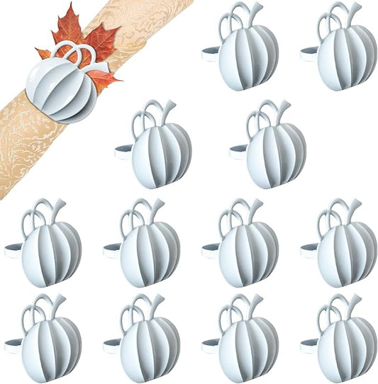 Halatool Set of 12 Thanksgiving Napkin Rings- Fall Harvest Pumpkin Napkin Holder, Alloy Dinner Tables Napkin Ring Decoration for Thanksgiving Weddings Holidays Gathering Party (White)