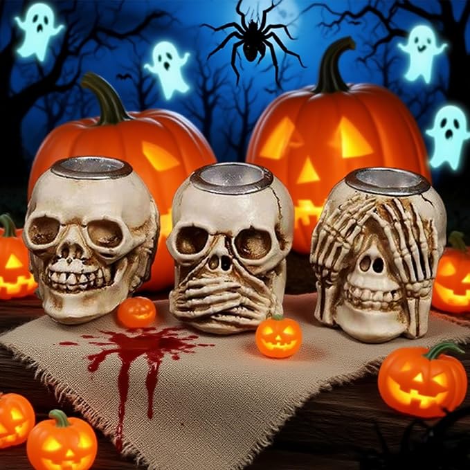 Halloween Skull Candle Holder, Skeleton Head Candlestick Holders Table Decor Centerpiece Candlesticks, Resin Horrible Spooky Creepy Crafts for Flameless Candle Halloween Christmas Home Party, Set of 3