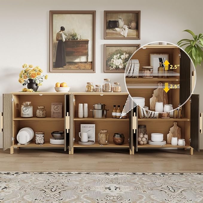 Set of 2 TV Stands with Storage, 65 Inch Symmetrical Arc Accent Sideboard Large Console Table with Adjustable Shelves, Mid Century Modern TV Stand for Living Room, Dining Room