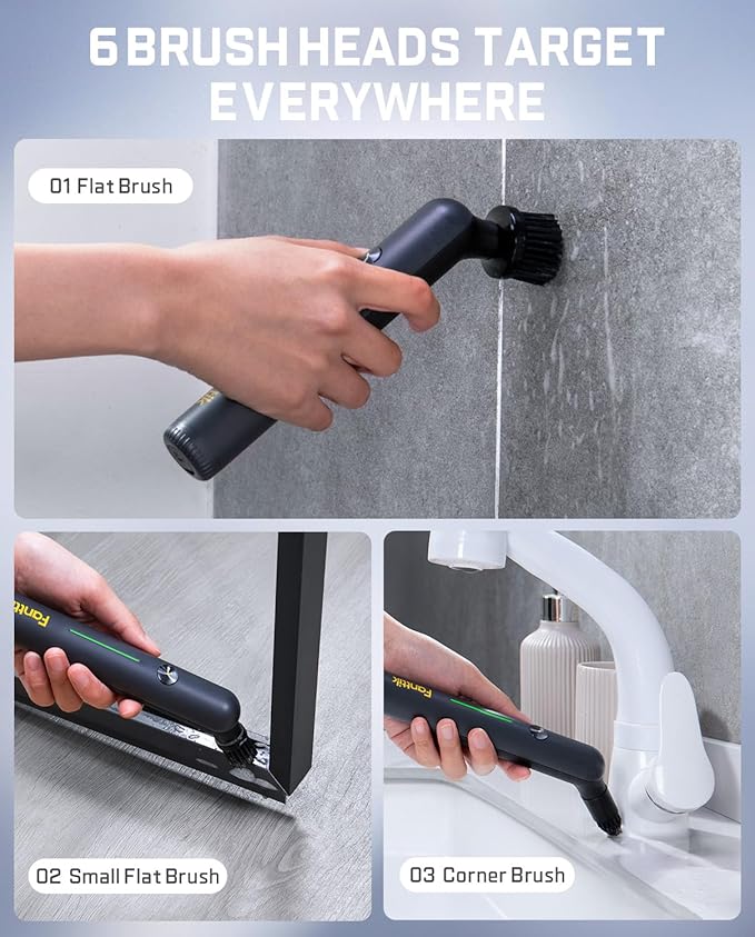 Fanttik G9 Nano Electric Spin Scrubber, Cordless Power Grout Brush, Type-C Fast Charging with LED Power Display, IPX7 Waterproof, 8 Replaceable Heads for Cleaning Grout, Corners, Crevices - Black