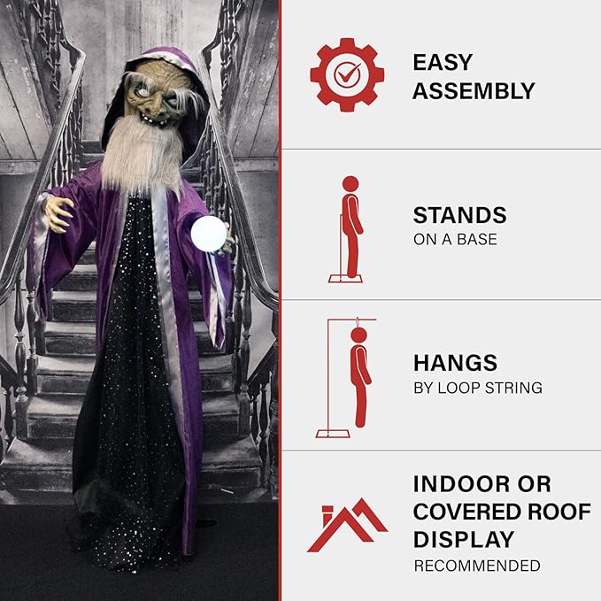 Haunted Hill Farm Talking Wizard Halloween Animatronic with Movement and Light-Up Crystal Ball for Scary Indoor or Covered Outdoor Halloween Decorations, Battery Operated Halloween Prop
