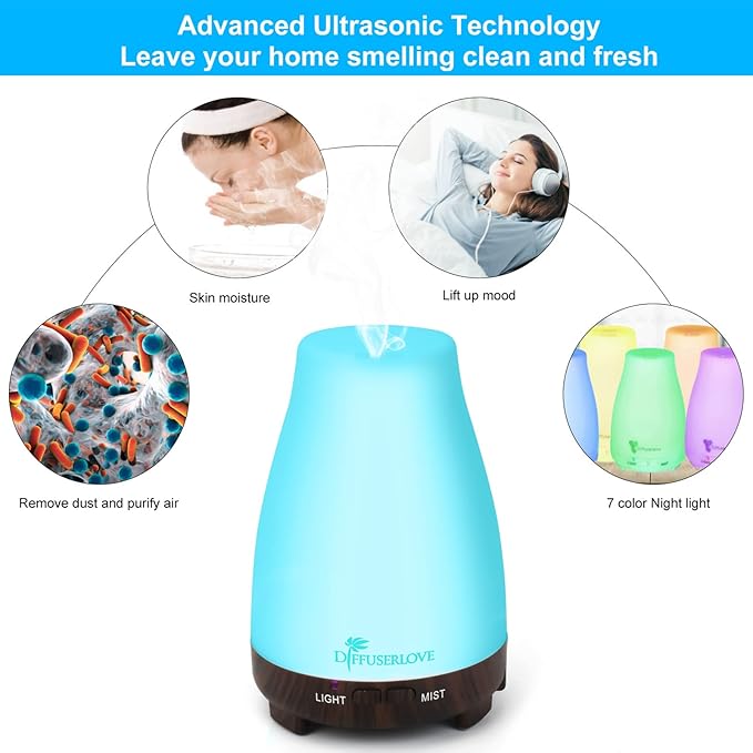 Diffuserlove Essential Oil Diffusers 200ML Remote Control Diffuser Mist Humidifiers BPA-Free Aromatherapy Diffuser (Black Base)