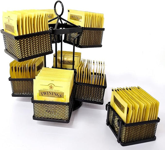 Tea Bag Organizer Coffee Holder Storage Spinning Carousel Basket Black Adjustable Tea Caddy For Kitchen Counter, Countertop, Cabinet