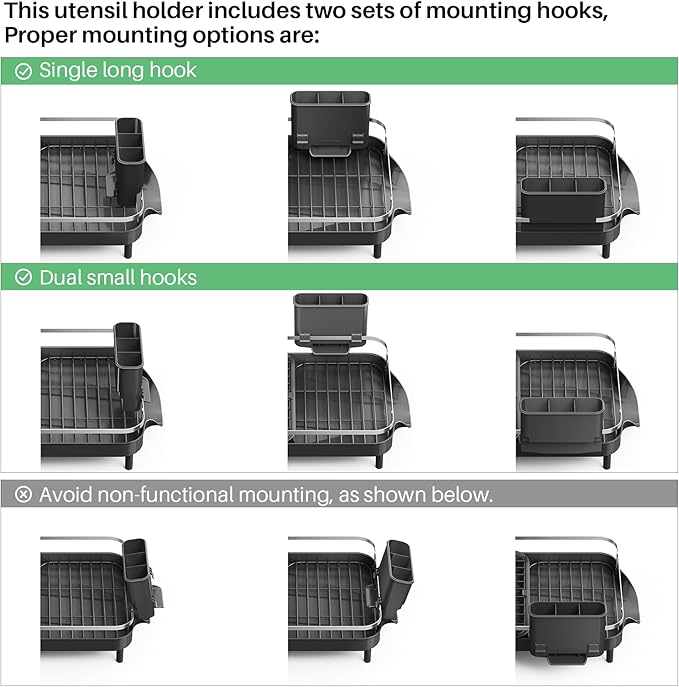 Dish Drying Rack, Expandable Dish Rack for Kitchen Counter, Stainless Steel Dish Drainer with Drainboard Set and Utensil Holder (Black)