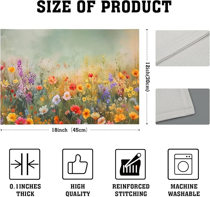 Floral Placemats Set of 4 Spring Summer Wild Flower Washable Non-Slip Heat Resistant Place Mats 12x18 Inch Vintage Rustic Linen Table Mats for Kitchen Dining Party Decor