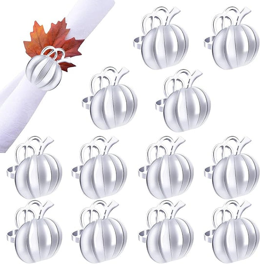 Halatool Set of 12 Thanksgiving Napkin Rings- Fall Harvest Rustic Pumpkin Napkin Holder, Alloy Dinner Tables Napkin Ring Decoration for Thanksgiving Halloween Holidays Gathering Party (Silver)