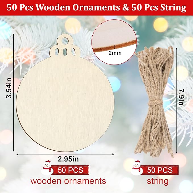 50 PCS Wooden Christmas Ornaments, 3 Inch DIY Wood Ornament for Crafts, Unfinished Wood Ornament to Paint, Blank Round Wooden Ornaments, Make Your Own Paintable Wood Slice