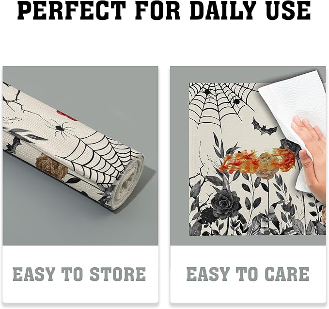 Halloween Placemats Set of 4 12x18 Inch Vintage Black Floral Bat Spider Web Washable Non-Slip Heat Resistant Place Mats Rustic Table Mats for Party Kitchen Dining Room Decor