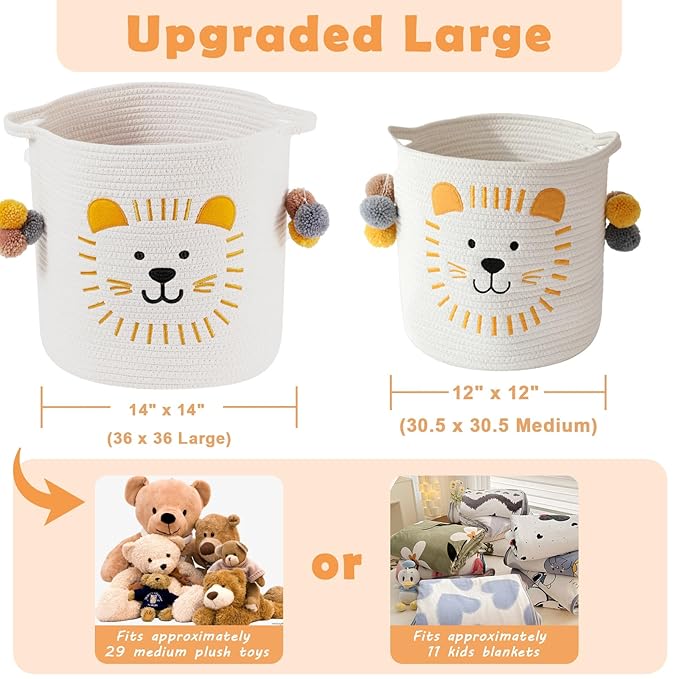 Large Blanket Baskets for Living Room Decor, Toy Storage Baskets Woven Cotton Rope Animal Storage Basket for Kids, Dog Toys Organizer Clothes Hamper with Embroidery Decor for Nursery (Large, Lion)