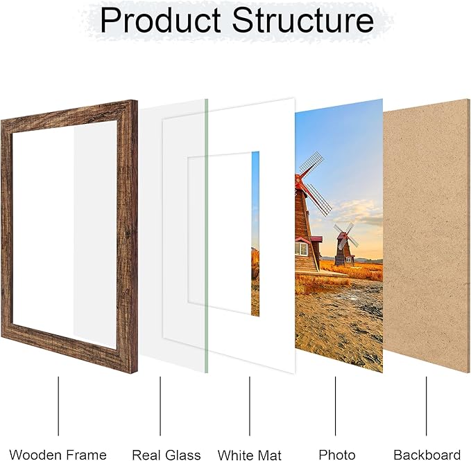 8x10 Picture Frame Set of 4, 8 x 10 Wood Photo Frames with Mat for 5x7, Natural Wooden Frame with Real Glass Cover for Wall and Tabletop Display,Rustic Brown