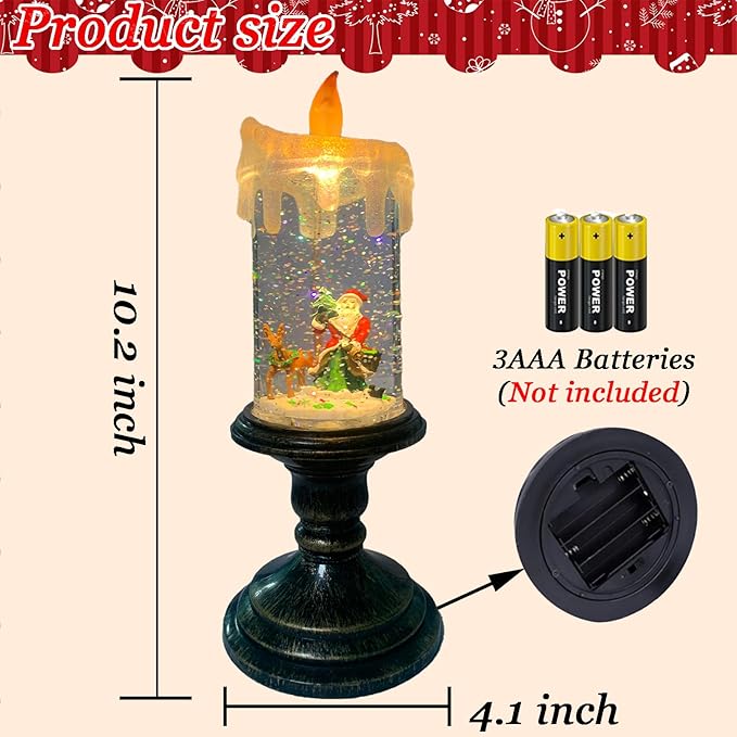 Flameless Snow Globe Candle Light Christmas Santa Decoration with Swirling Water & Glitter, Spinning LED Candles for Home, Tabletop, Holiday Decor