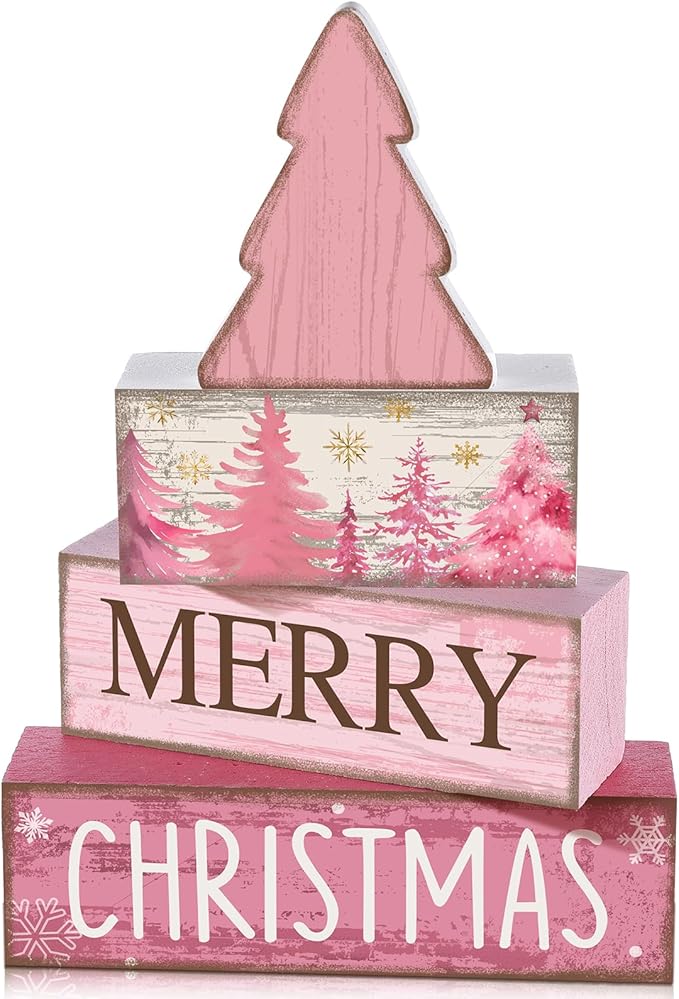 4 Pcs Christmas Table Decoration Wooden Pink Christmas Tree Centerpieces Decor Winter Tiered Tray Decor Rustic Decorative Tree Block Signs Gift Farmhouse Xmas Decoration for Home Kitchen