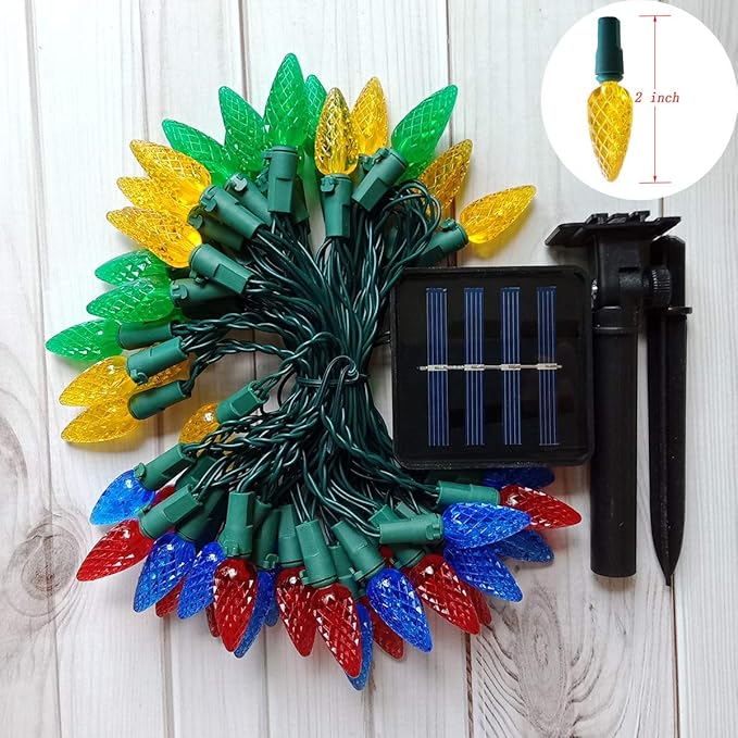 2 Pack Solar Christmas Lights Outdoor C6 Strawberry String Lights, LED Christmas Fairy Lights 50 LEDs Solar Operated Rechargeable Garden Lights for Christmas Tree, Arbor Decor (Multicolor, 8 Modes)