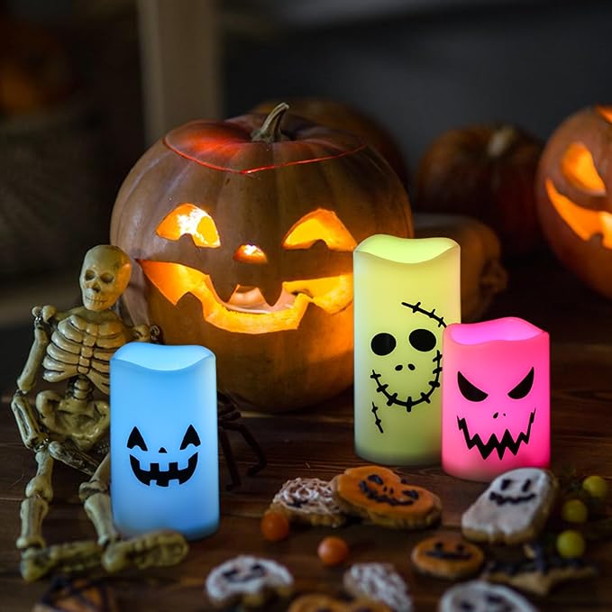 GenSwin Flameless LED Pillar Candles - Battery Operated, 12 Color Changing, Remote Timer, Perfect for Halloween, Fall Decor (3 x 4 x 5')