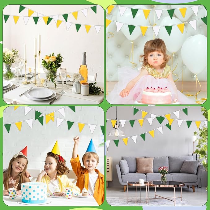 MARFOREVER 28 FT Spring Yellow Green White Pennant Banner Flags, 30 Pcs Fabric Triangle Flag Bunting Garland Banner for Baby Shower Nursery Garden Wedding Engagement Golf Theme Party Decorations