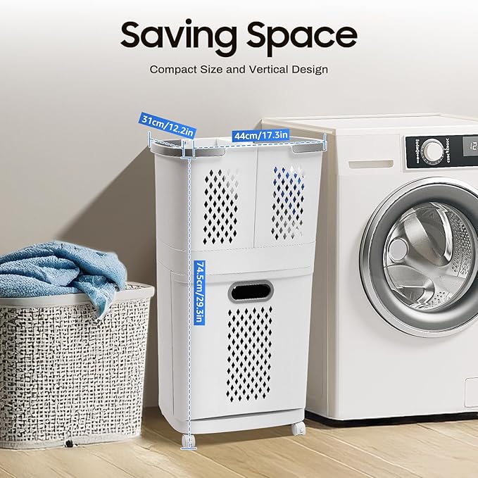 Movable Household Laundry Basket,2 Tier Laundry Hamper Basket Sorter with Wheels&Handle,Large Hand-Held Laundry Basket Clothes Storage Organizer for Bathrooms Bedrooms