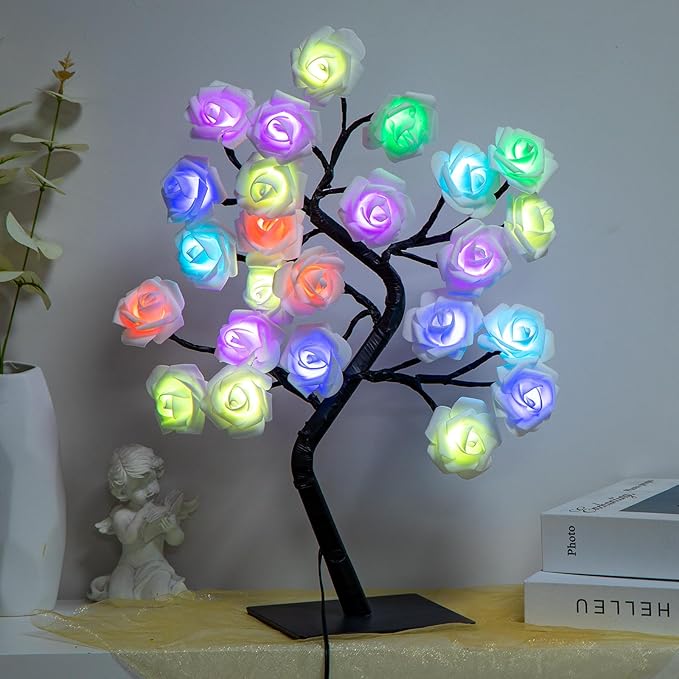 2 Pieces 18 Colors Rose Tree Lamp - Multicolor LED Rose Flower Night Light Pink Flower Lamp Rose Lamp Tabletop Bonsai Tree for Wedding Valentine's Day Decorations Wedding Girls Party Bedroom