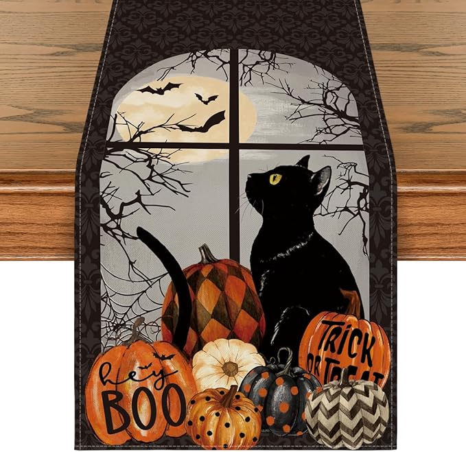 Artoid Mode Black Cat Pumpkins Boo Halloween Table Runner, Trick Or Treat Seasonal Kitchen Dining Table Decoration for Home Party Decor 13x108 Inch