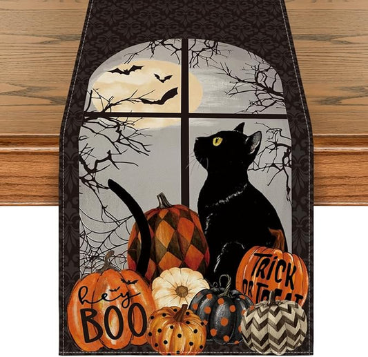Artoid Mode Black Cat Pumpkins Boo Halloween Table Runner, Trick Or Treat Seasonal Kitchen Dining Table Decoration for Home Party Decor 13x48 Inch