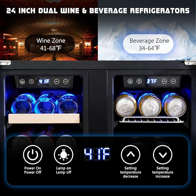 Albott Beverage Refrigerator - 24-Inch Dual Zone Cooler with Glass Door, Freestanding/Under Counter Wine and Beer Fridge, Holds 20 Bottles & 78 Cans, Ideal for Kitchen, Bar, Office, 34-64℉ & 41-68℉