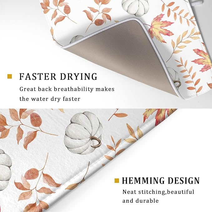 Fall Dish Drying Mat for Kitchen Counter Autumn White Pumpkins Maple Leaves Seasonal Super Absorbent Reversible Microfiber Kitchen Countertop Protector Dishes Pad Large 18x24 inch