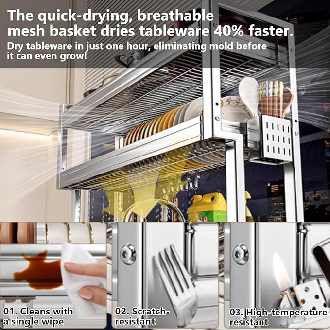 Kitchen Sink Rack Sink Above The Dish Drain Dish Washing Rack Stainless Steel Multifunctional Dish Storage Rack,Over The Sink Drying Rack for Dishes(1,95cm/37.4in)