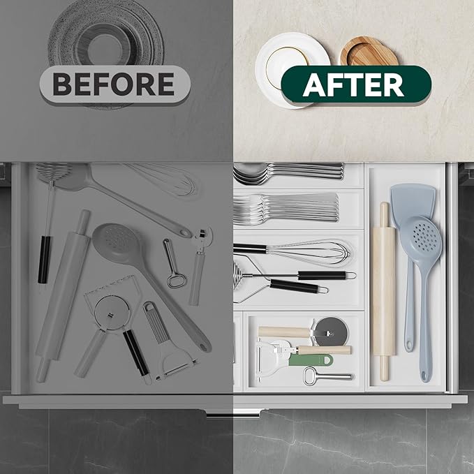 Bamboo Drawer Organizer, Narrow Silverware Organizer for Kitchen, Stackable Utensil Organizer, 2 Pcs Flatware Organizer for Drawer, Wooden Storage Box Tray (White, 12 X 3 X 2 Inch)