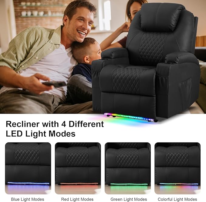 AHMED Power Recliner Chair with Vibration Massage & Heat for Adults, Faux Leather Home Theater Seating with Cup Holders/LED Lights/USB Ports/Side Pockets for Living Room, Black