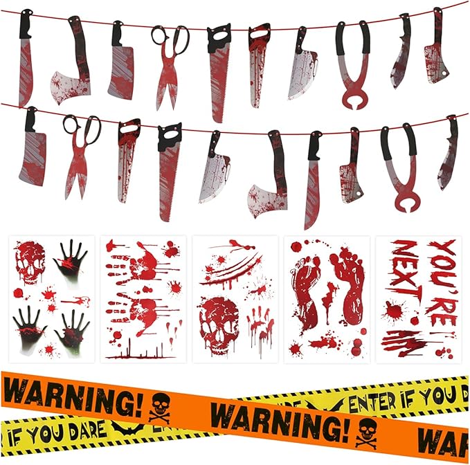 Halloween Decorations, 5 Sheets Wall Decals-Bloody Handprint Stickers, 2 Pack Halloween Banners and 2 PCS Caution Tape Rolls 3inx30ft for Party Decor, Outdoor, Indoor, Haunted Mansion