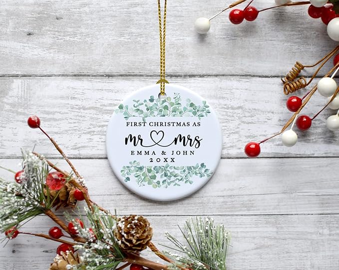 Andaz Press Personalized Our First Christmas As Mr. & Mrs. 2024 Christmas Ornaments Greenery Eucalyptus 2.8" Round Porcelain Ceramic 1st Year Married Custom Ornament Keepsake for Newlyweds 1-Pack
