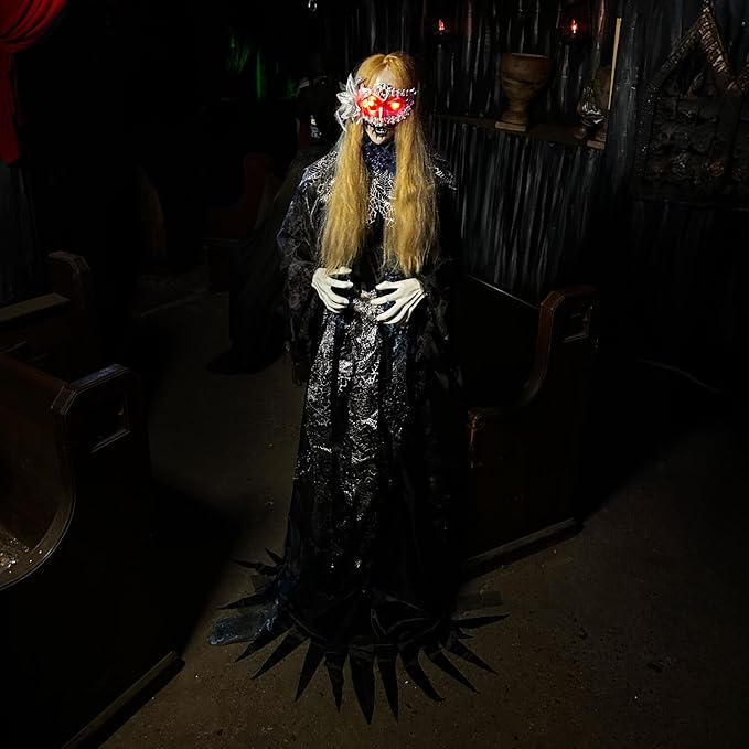 Haunted Hill Farm 5.5-Ft Animatronic Animated Standing Masquerade Lady, Halloween Animatronic, Spooky Venetian Masquerade Prop, Creepy House Party Decoration, Touch-Activated Lights & Sound, Life-Size