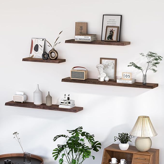 Floating Shelves for Wall, 48"x9.3" Rustic Solid Live-Edge Elm Wood Wall Shelves, Heavy-Duty Floating Shelves with Invisible Brackets, Set of 2 for Living Room, Bedroom, and Kitchen, Walnut Finish