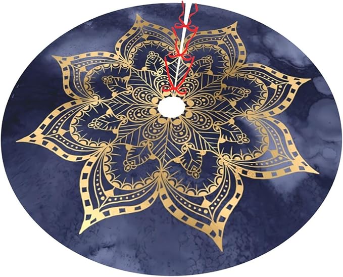 36" Large Christmas Tree Skirt, Boho Mandala Gold Navy Blue Ink Texture Round Cushion Pattern Tree Mat Base Cover for Xmas Festive Holiday Party Decoration Ornaments