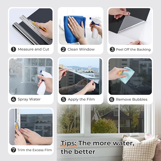 DOWELL Window Privacy Film, One Way Window Tint for Home, Static Cling Anti UV Sun Blocking Reflective Mirror Film, Heat Control See Out Not in Glass Tinting, Black Silver, 35.4" x 157.5"
